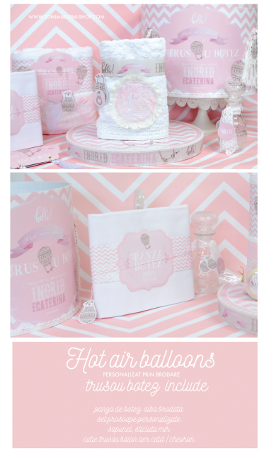 Trusou de botez cu baloane de aer cald roz si broderie, Hot Air Pink Balloon!  14